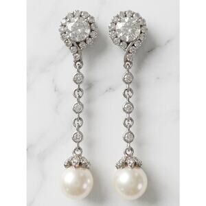 Jean Dousset White Cultured Pearl CZ Drop Sterling Silver Dangling Earrings